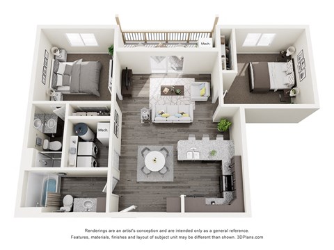 Floor plan for 2 beds, 2 baths, 935 sqft